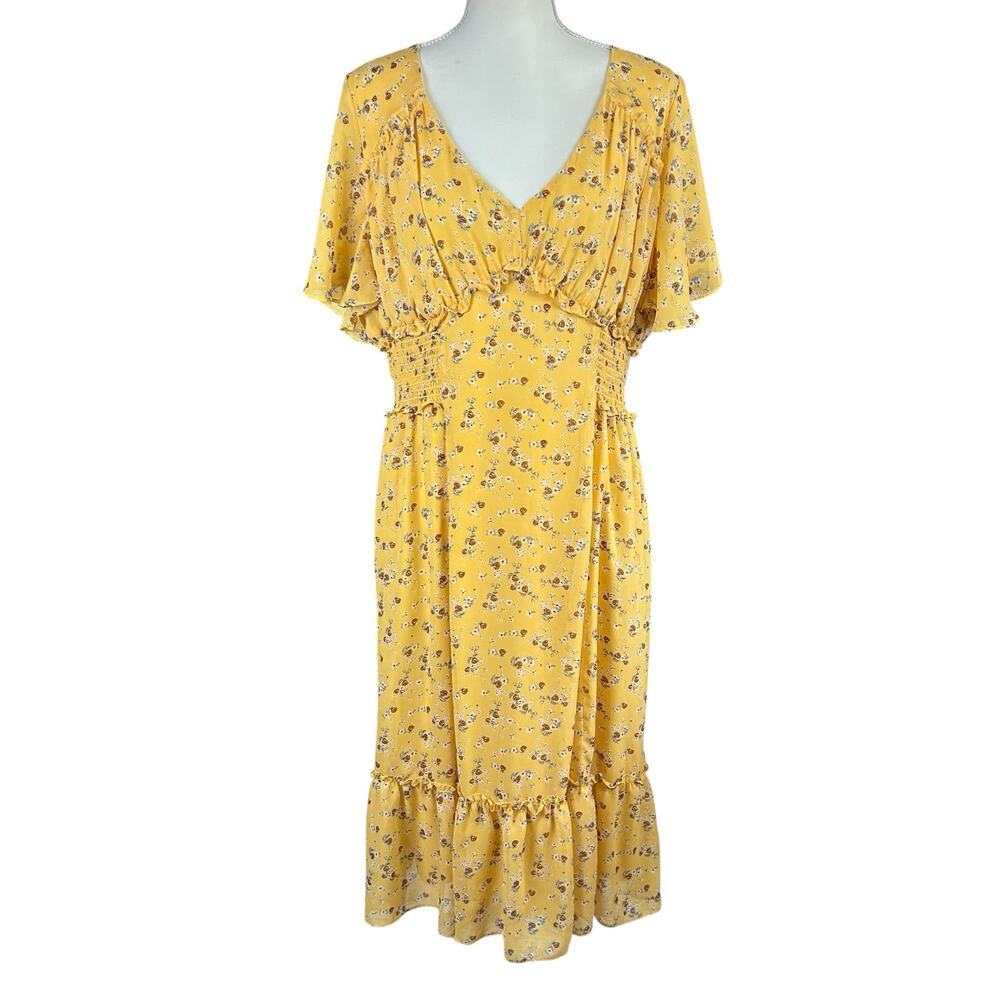 Harper 241 Yellow Floral Maxi Dress Size 16 Boho Smocked Waist Ruffle Tiered Hem